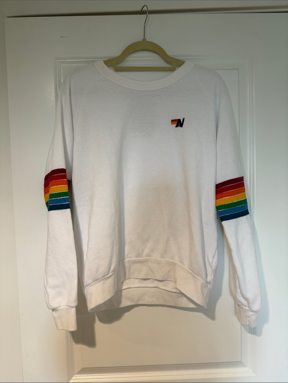 Aviator Nation - Women's White Sweatshirt with Rainbow Sleeve Stripes
